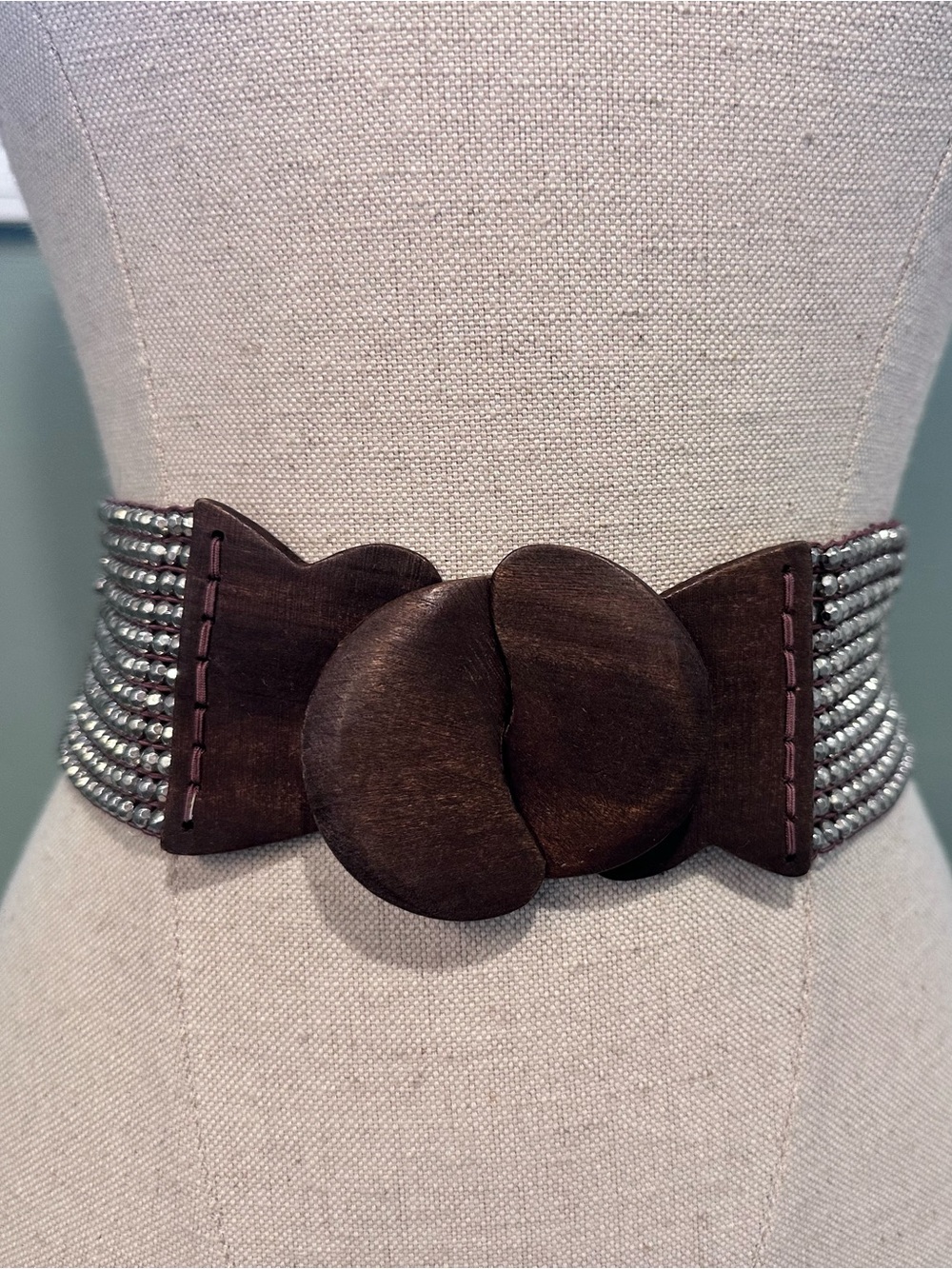 Anthropologie Beaded Stretch Waist Belt Wooden Buckle Boho